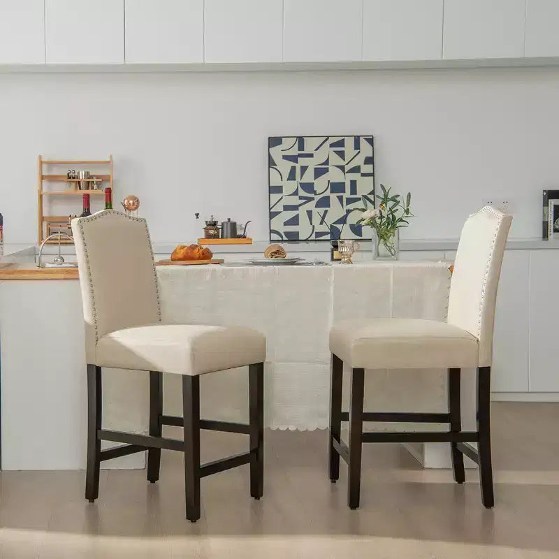 Costway Set of 2 Upholstered Bar stools 25'' Counter Height Chairs with Rubber Wood Legs Grey/Beige
