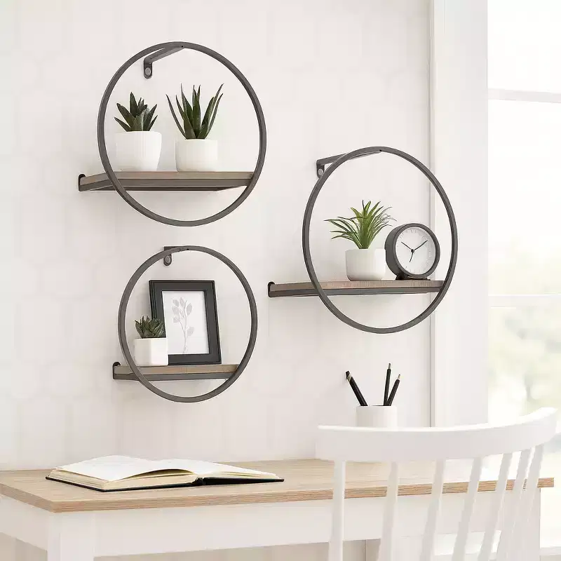 Set of 3 Rustic Wall Storage Unit - Metal & Wood Circular Floating Shelves - Decorative Wall Mounted Organizer for Home, Office, Bedroom, Living Room