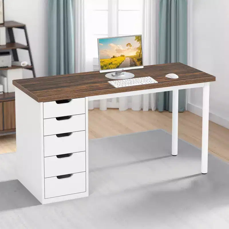 MAYEERTY 47 Inch Computer Desk with 5 White Drawers, 1.18 Thick Engineered Wood Home Office Desk with White Metal Legs