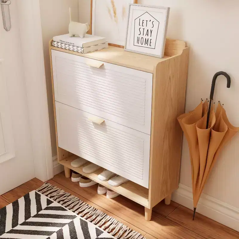 Shoes Storage Cabinet, Shoe Rack with 2 Flip Drawers and Natural Wood Legs, Slim Entryway Storage Organizer for Hallway, Entryway