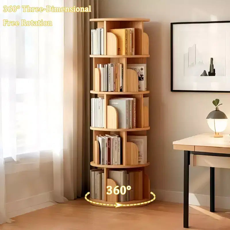 5-Tier 360�� Rotating Bookshelf Tower, Natural Wood