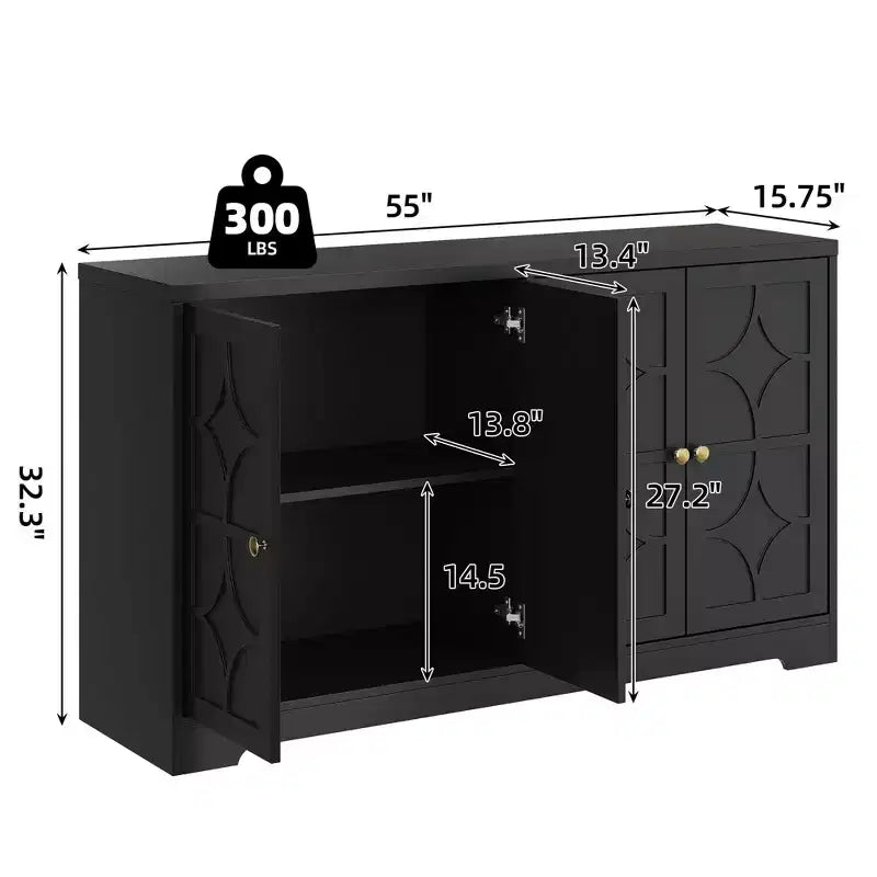 55 Buffet Cabinet with Storage, 4-Door Wood Sideboard with Adjustable Shelves, Farmhouse Coffee Bar Cabinet for Kitchen, Living Room, Entryway