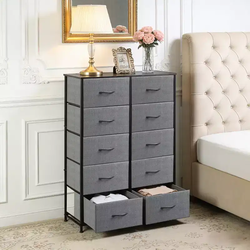 Metal Frame 10-Tier Fabric Drawer Cabinet, Gray Tall Vanity Storage Tower, Bedroom Living Room Closet Multifunctional Organizer