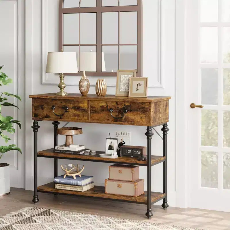 Slim Console Table with 2 Drawers and Open Shelves, Brown