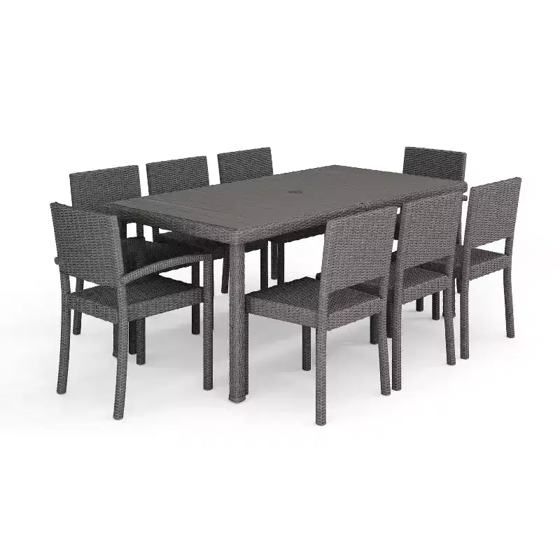 Martha Stewart Bedford 9-Piece Indoor-Outdoor Dining Set with 8 Stackable Dining Chairs and 71 Patio Table with Engineered Wood Top in Rattan Wicker