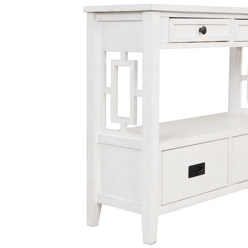 36 in. Farmhouse Pine Wood Console Table with 4 Drawers and Open Shelf