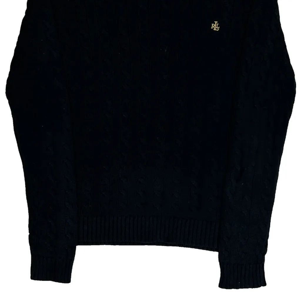 Cable Knit Long Sleeve Crew Neck Top - Medium Black Cotton