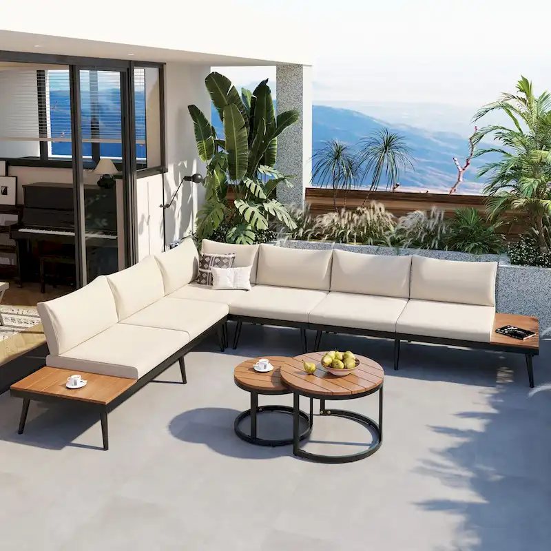 Modern 6-Piece Patio Sofa Set with Nesting Coffee Tables-Beige,Acacia Wood&PE Rattan Construction