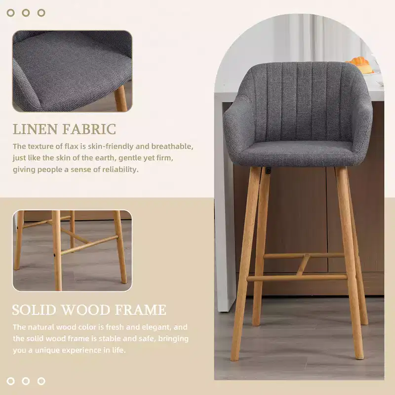 Zeus & Ruta Modern Linen Upholstery Bar Stools Set of 2 with Back, Armrest & Wood Legs, Kitchen Island Height