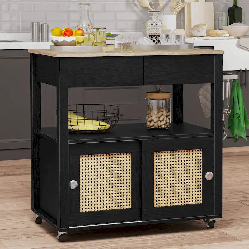 Rolling Rattan Door Kitchen Island Cart with Drawer Open Shelf and Storage Cabinet