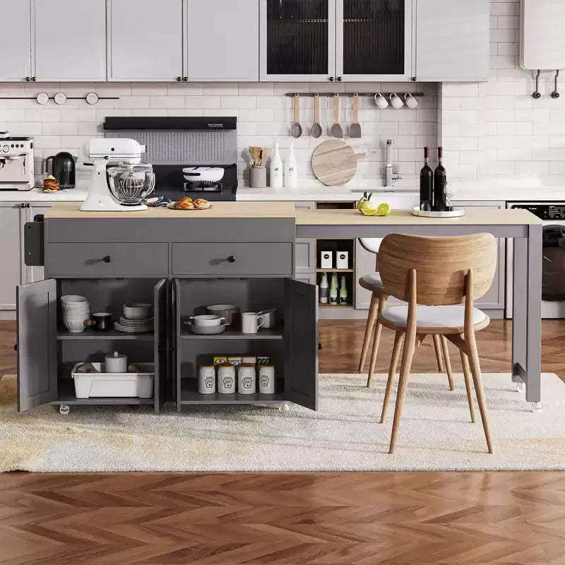 Okak Kitchen Island with Extendable Table, Rolling Kitchen Island with Spice Rack, 2 Drawers and 4 Doors, Kitchen Cart for Dining Room