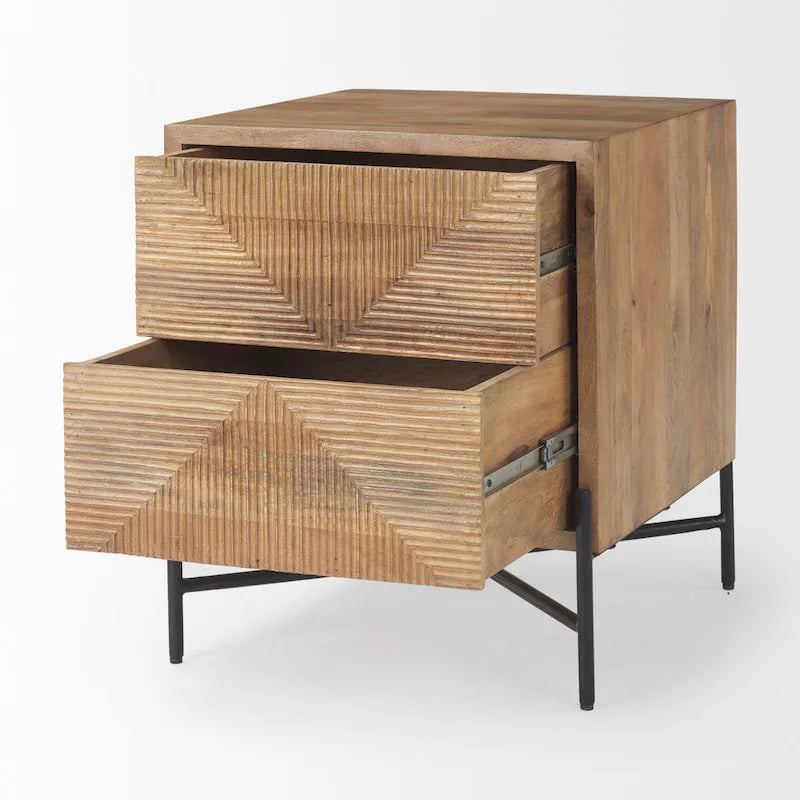 Light Brown Solid Wood & Black Iron Frame 2-Drawer Accent Table - 22L x 22W x 26H