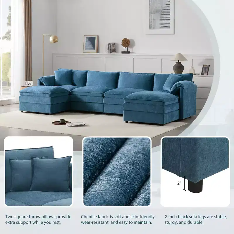 Polibi 6-Piece Chenille U-Shaped Modular Sectional Sofa with Dual Ottomans and Double-Layer Cushions