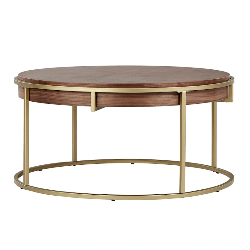 Round Coffee Table with Geometric Walnut Veneer Top and Gold Metal Base