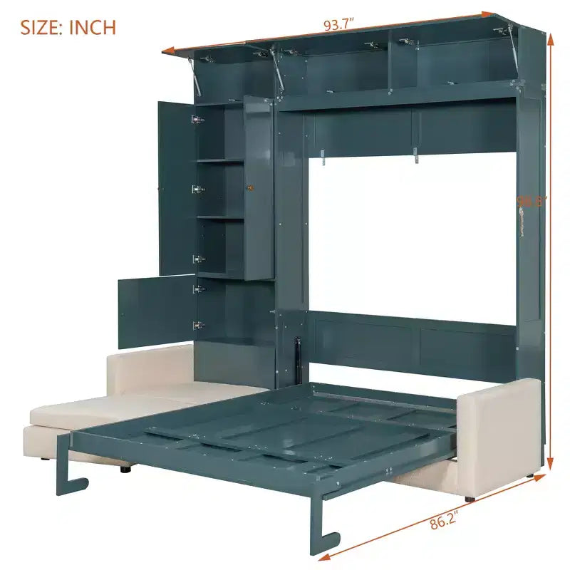 Queen Size Murphy Bed with Sofa & Cabinet, Folding Wall Bed with Shelves