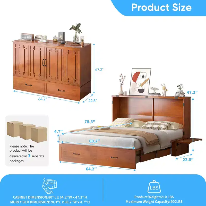 Queen Murphy Bed with Mattress,Foldable Space-Saving Cube Cabinet Bed