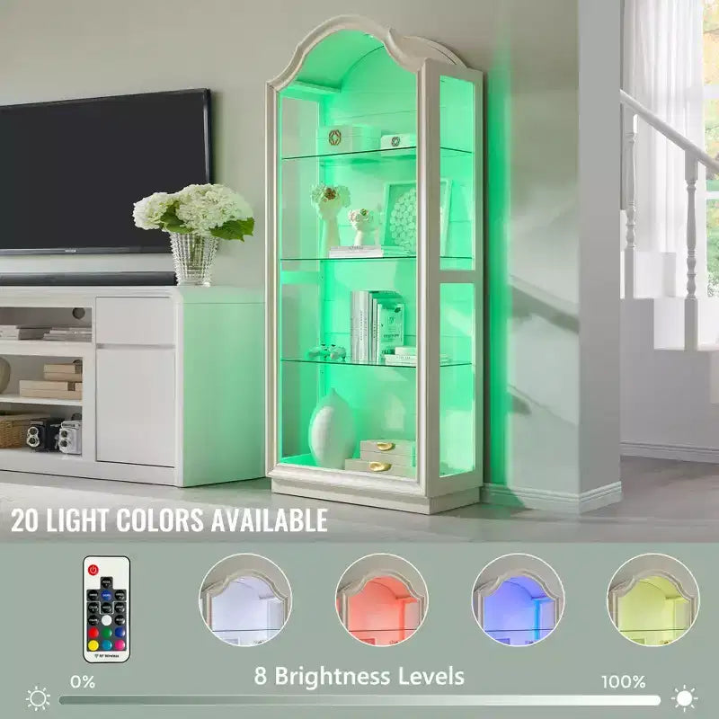72 Arched Glass Display Cabinet, 4-Tier Display Curio Cabinet with 20 Color LED Lights, Modern Display Case Shelf for Living Room