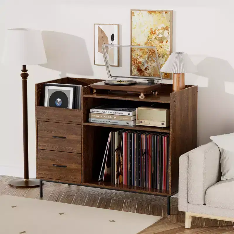 JVNOXK Medieval Modern Style Record Rack with Drawers Combined storage functionality, holds over 500 albums Sturdy wood and metal audio cabinet