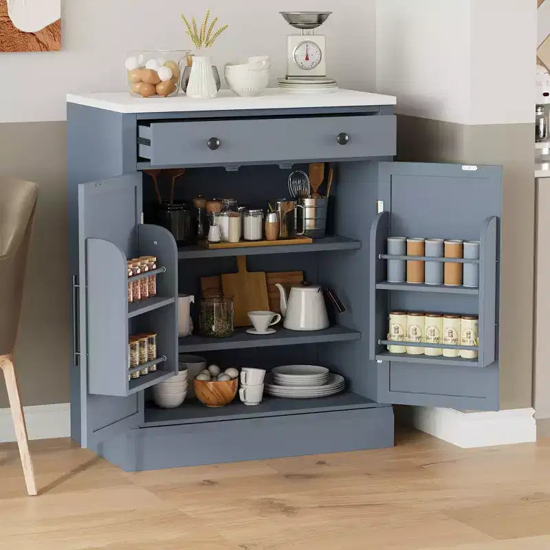 Freestanding Kitchen Pantry Cabinet with Faux Marble Top