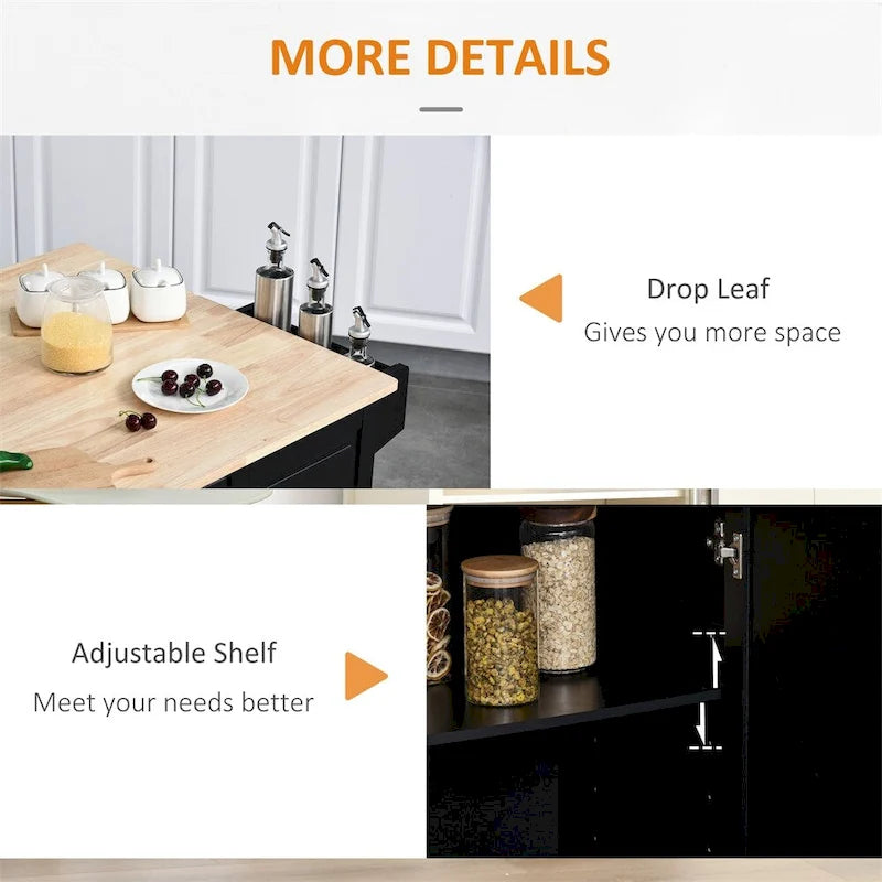 Black Rolling Kitchen Island with Drop-Leaf Top Three Drawers and Spice Rack