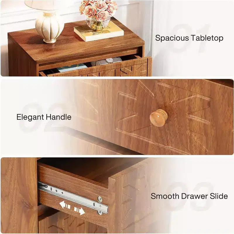 Farmhouse Nightstand with 3 Drawers - Industrial Bedside End Table, Brown