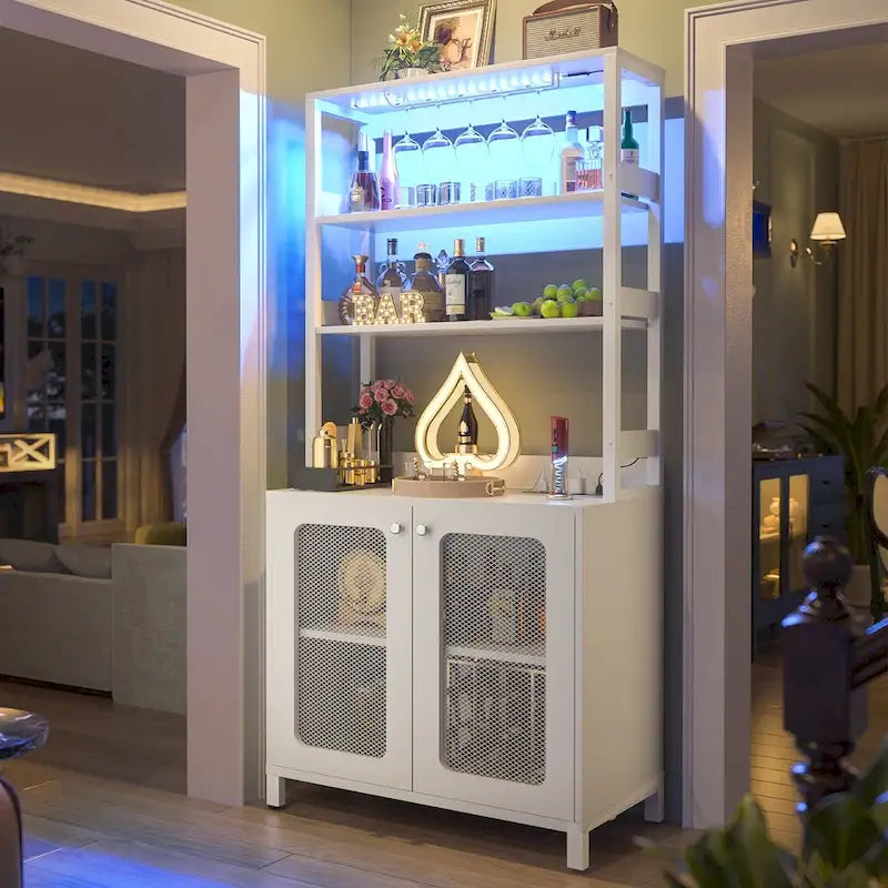 67-Inch Tall Wine Bar Cabinet with LED Lights, Glass Holder and Power Outlets