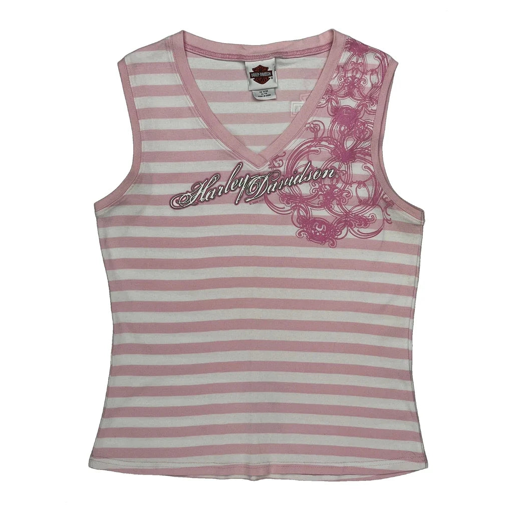 Striped Sleeveless Top XL Pink Cotton V-Neck Women