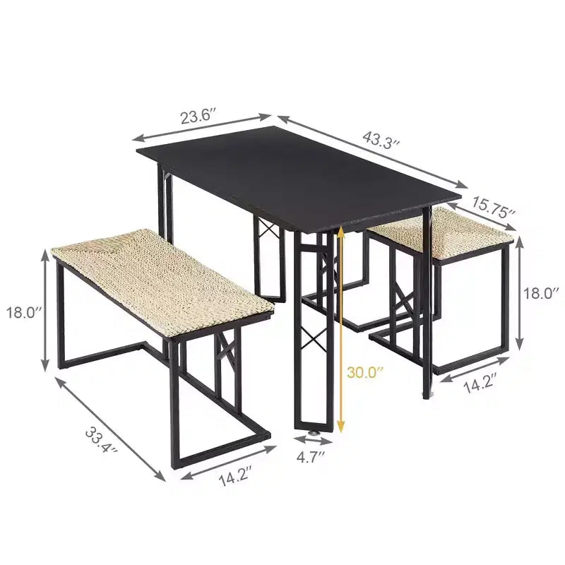 VECELO Farmhouse Room Sets for 4 with 3 Benches Wicker-Knot Cushions, Table for Home Kitchen Dining, 43.3 in