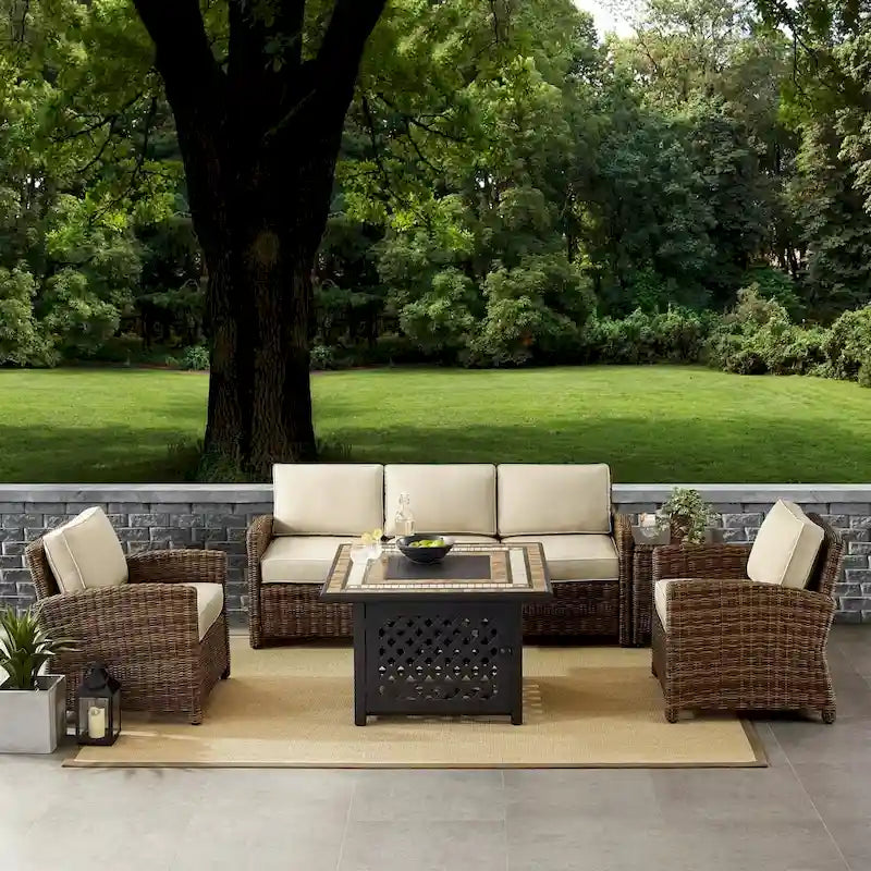 Crosley Bradenton 5-Piece Outdoor Wicker Sofa Conversation Set With Sand Cushions - 94.5 W x 94.5 D x 32.5 H