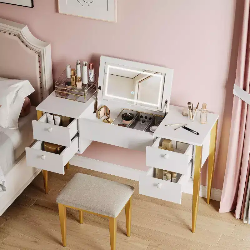 Makeup Vanity Desk with Lights and Stool, Vanity Desk with Flip Top and Mirror, Vanity Desk with Center Cabinet and 4 Drawers 3 Lighting Modes, Gold