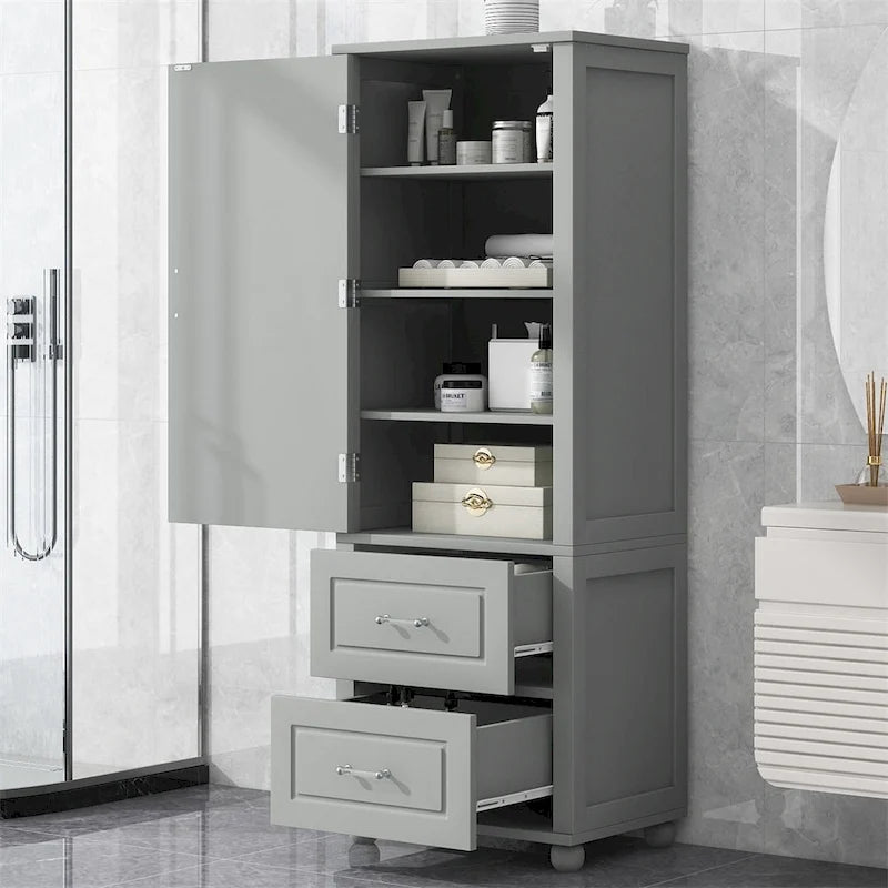 Freestanding Tall Bathroom Storage Cabinet with Drawers and Adjustable Shelves, Grey and Black