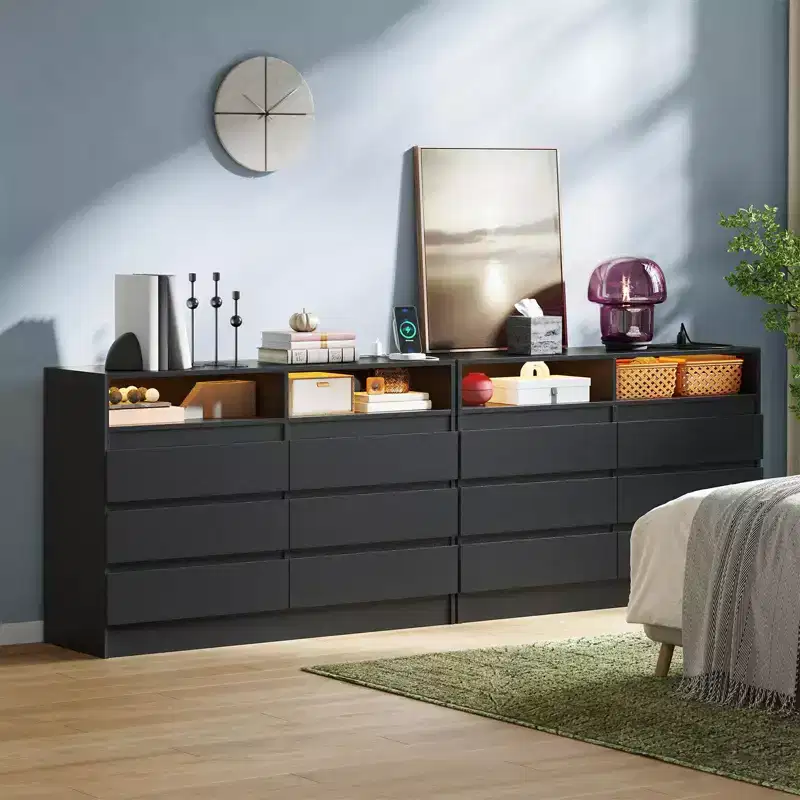 4 Drawer Dresser with LED Light and Charging Station, 2pcs Storage Chest with Power Outlet, Accent Double Dresser for Bedroom Living Room, Black