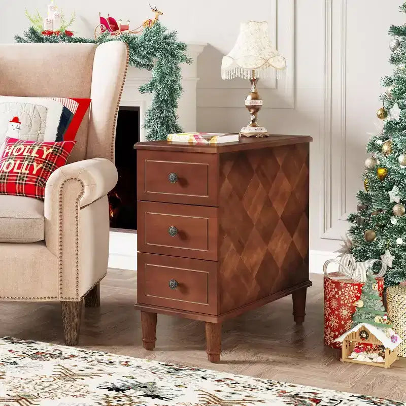 Narrow Wood End Table with 3 Drawers – Fully Assembled Nightstand for Bedroom & Living Room