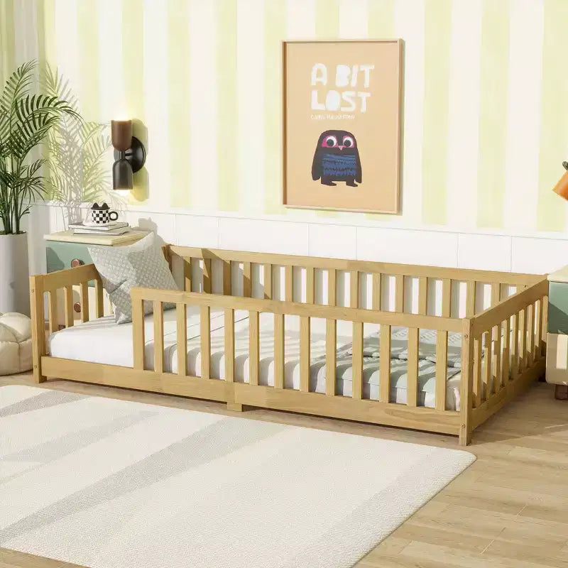 Twin Floor Bed with Fence and Guardrails �C Rubberwood, Beige