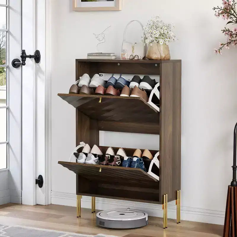 Modern Freestanding Shoe Cabinet with 2 Flip Drawers - Mid-Century Storage Rack for Entryway