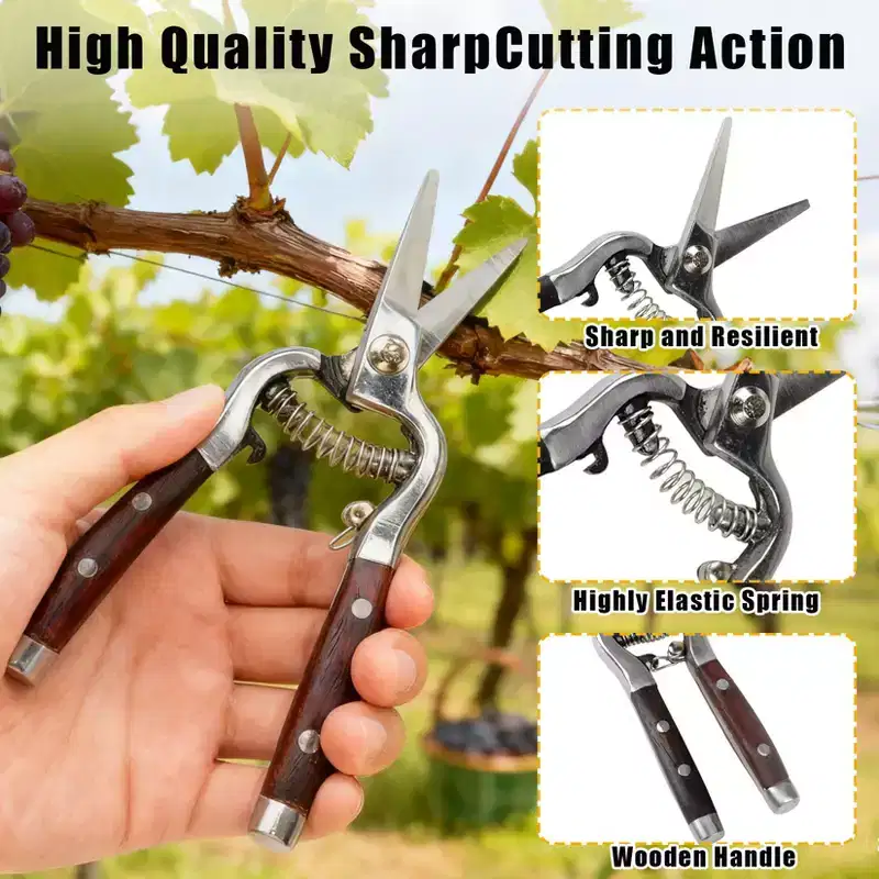 Heavy Duty Pruning Shears Set of 2 - 8 Inch Ergonomic Hand Pruners with Sharp Blades & Wooden Handle for Tree, Plant, and Garden Care