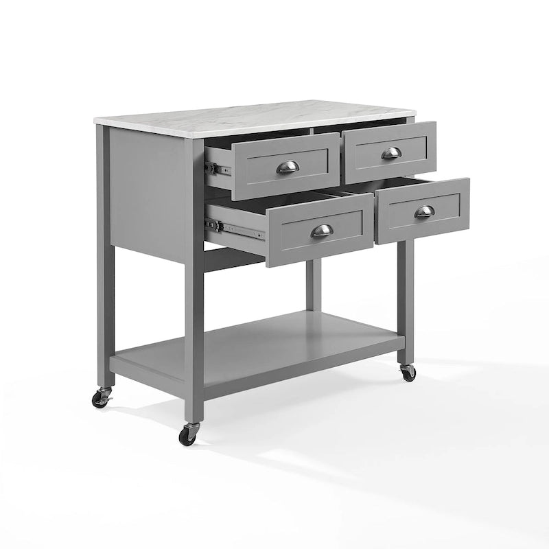 Modern Farmhouse Kitchen Island Cart with 4 Drawers Faux Marble Top and Casters