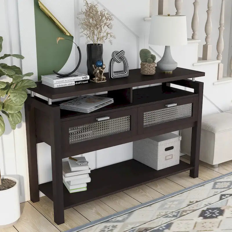 Espresso Modern Console Sofa Table with Flip-Down Cabinets and Open Shelves