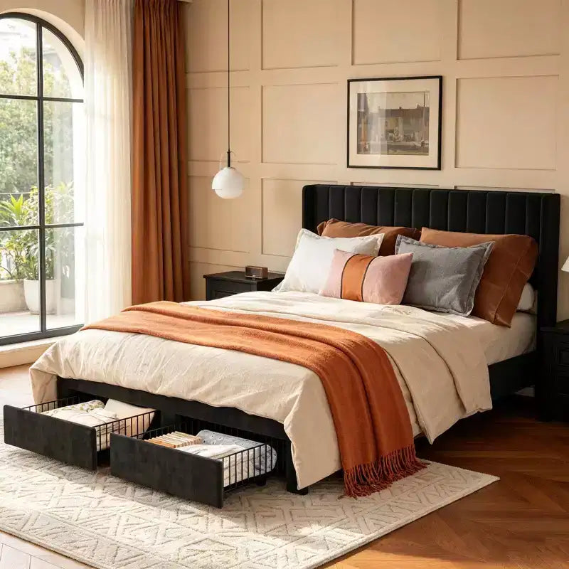 Upholstered Platform Bed Frame with Storage Drawers and Channel Headboard