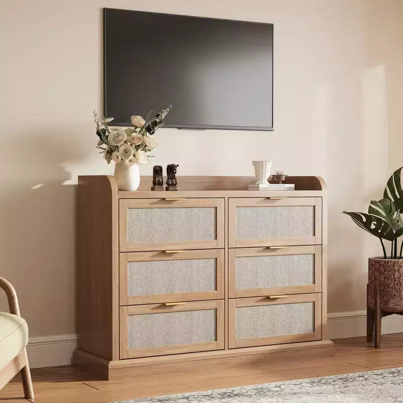 6 Drawer Dresser for Bedroom, 47.2W Rattan Chest of Drawers with Metal Handles, Wooden Clothes Storage Organizer, Dresser TV Stand for Hallway