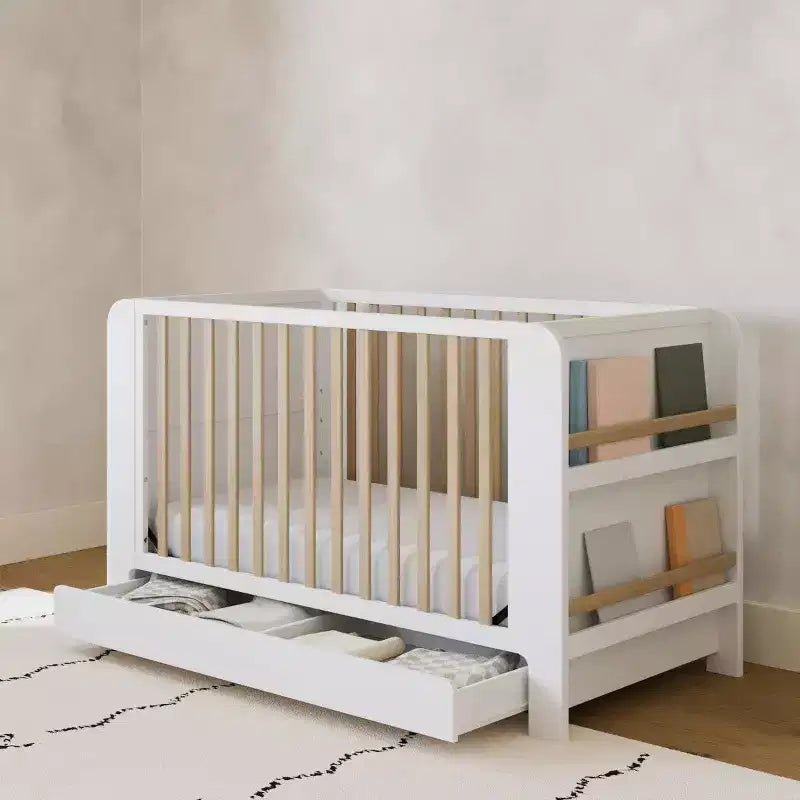 4-in-1 Convertible Crib with Drawer & Detachable Bookshelves, Adjustable Mattress Base