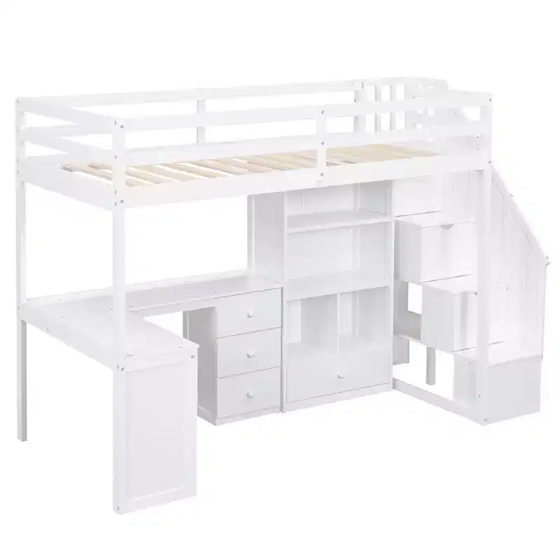 Twin Size Loft Bed with L-Shaped Desk, 3 Drawers, Cabinet, Staircase Storage, Solid Pine/MDF Build