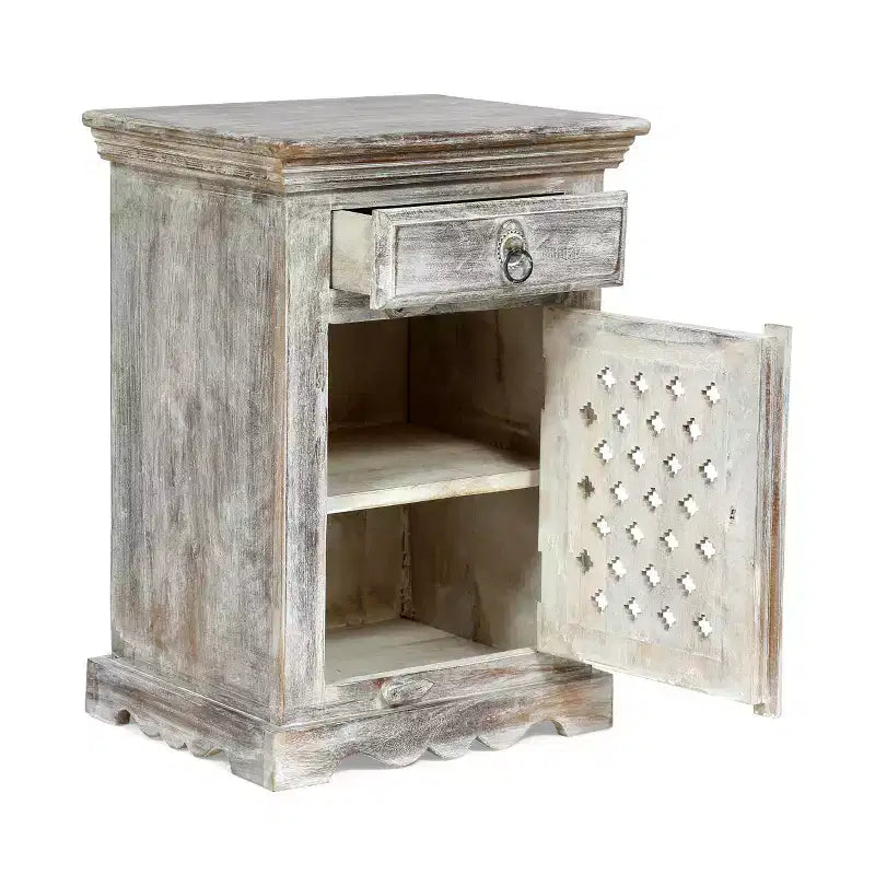Handcrafted Boho Mango Wood Nightstand, Distressed White