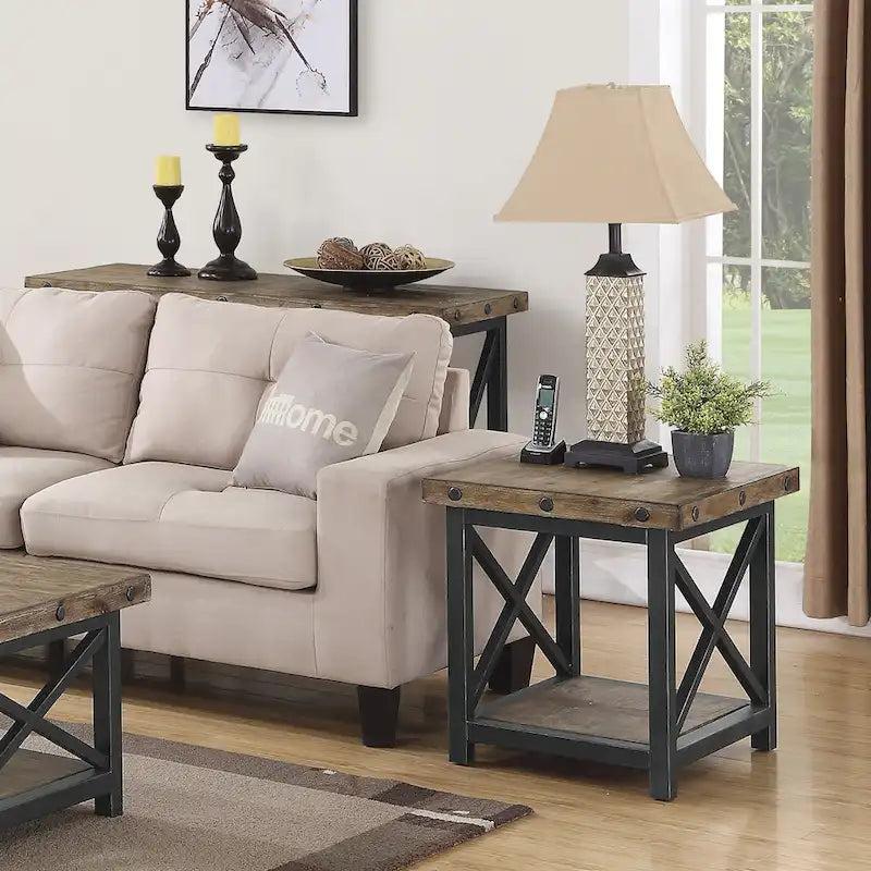 Brown Wood End Table with Rustic Industrial Design - 21 x 23 x 25