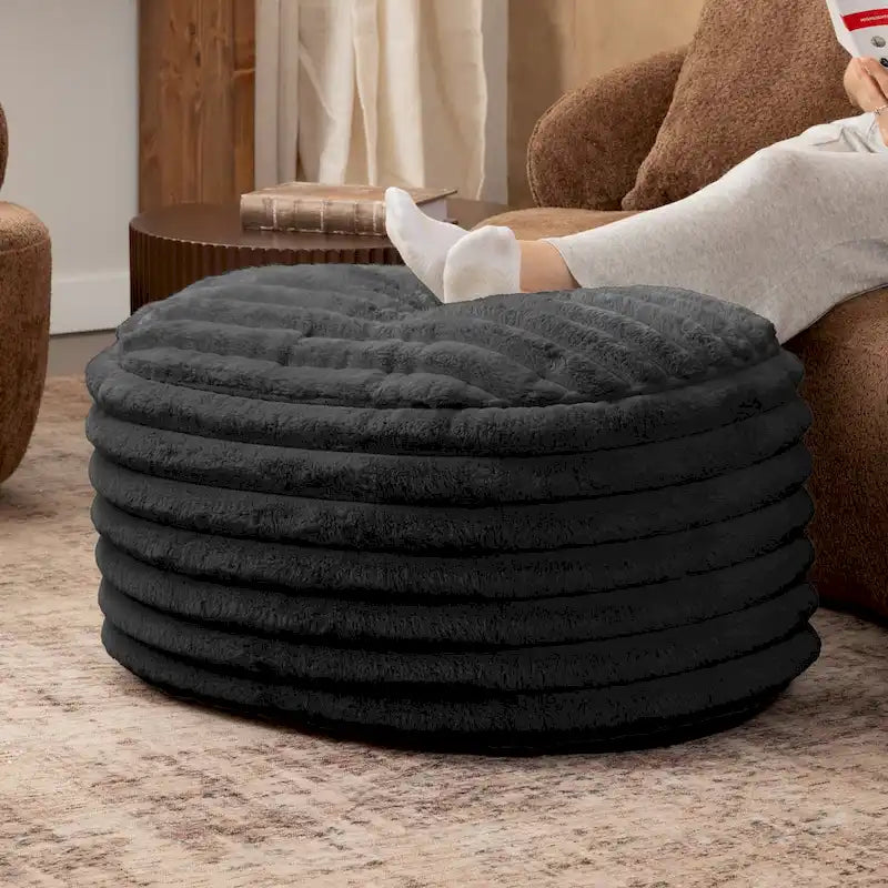 Large Ribbed Faux Fur Plush Pouf Ottoman, 35 Inch, Black