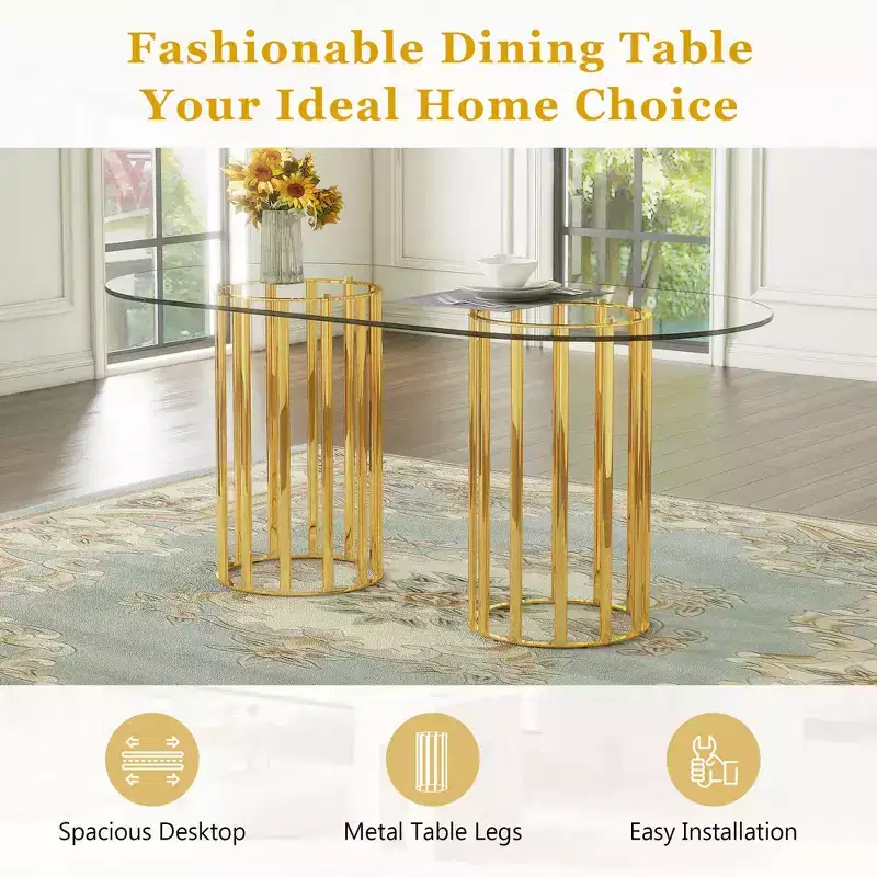 GDFStudio Arvion 8-Person Glass and Metal Dining Set with Faux Leather Upholstered Chairs
