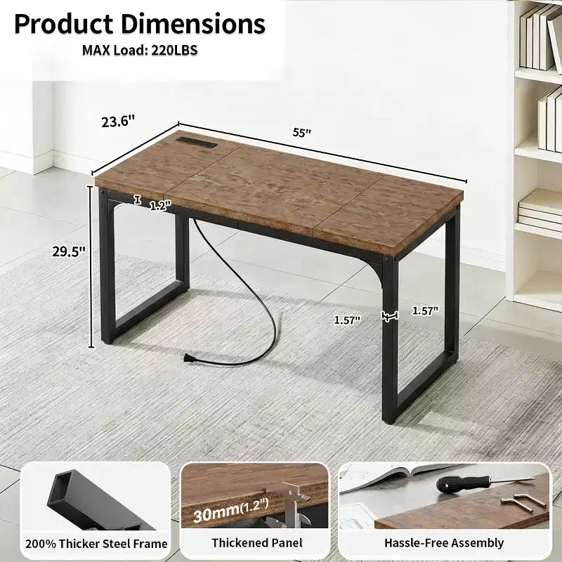 Shaped Computer Desk, Metal Frame, Rechargeable, Thickened Desktop, Corner-Style Desk, Suitable for Office Use in Living Rooms