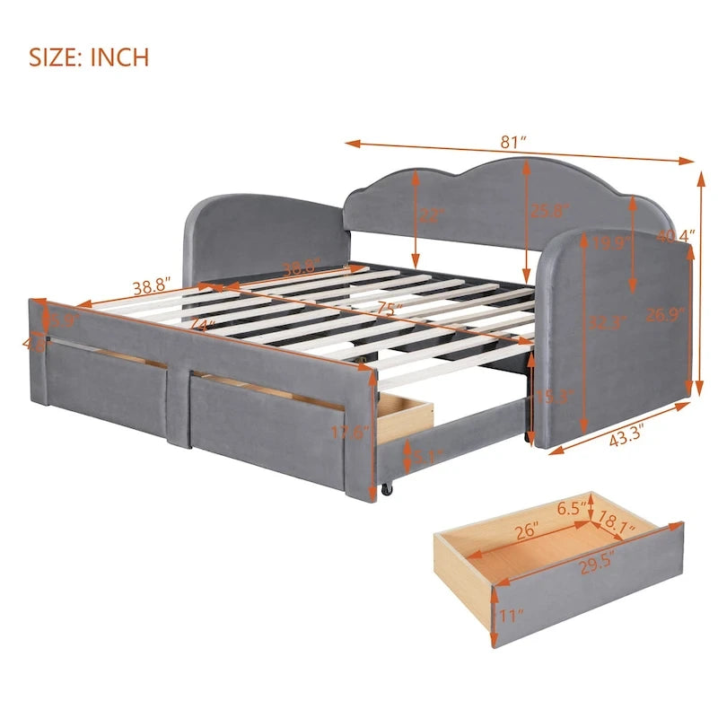 Twin Cloud Velvet Daybed with Trundle and Drawers