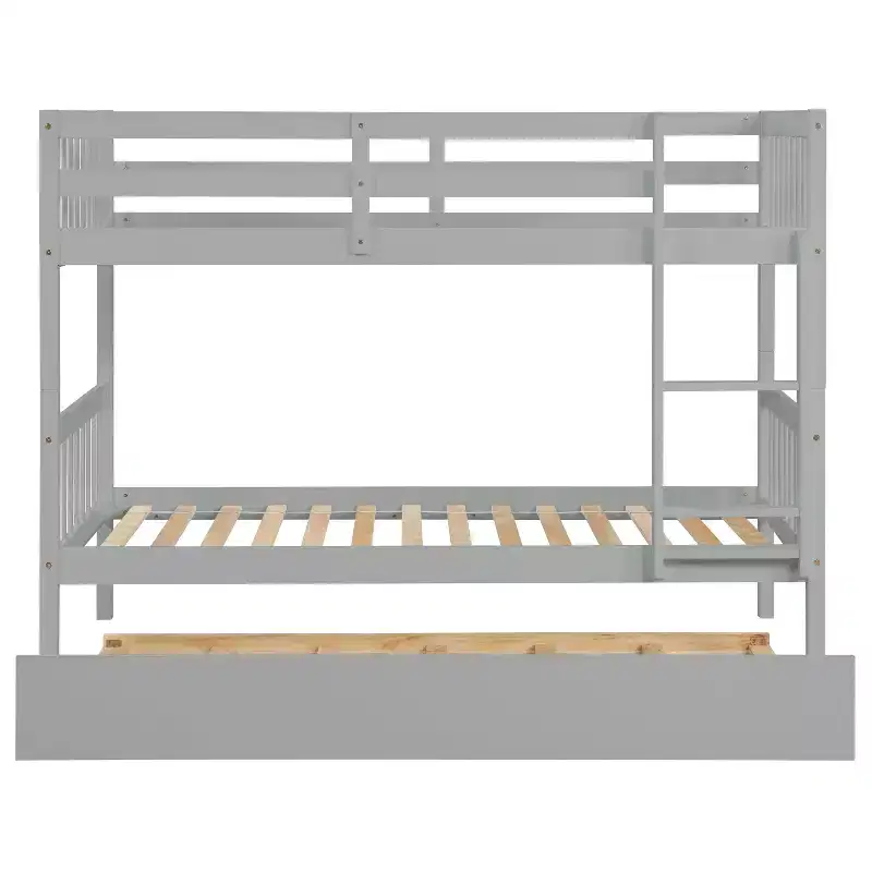 Twin Over Twin Modern Wood Bunk Bed with Trundle, Convertible into 2 Beds