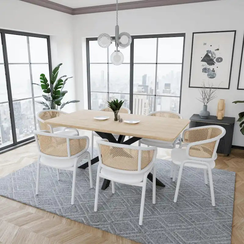 Modern Stylish Dining Arm Chair with Rattan Back and Steel Legs